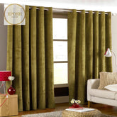 2 Pieces Plain Dyed Velvet Eyelet Curtains-Olive Green
